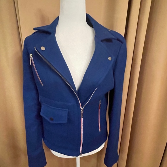 NEW! Falconnable Blue Wool Moto Jacket Size 38/6 - Picture 2 of 15